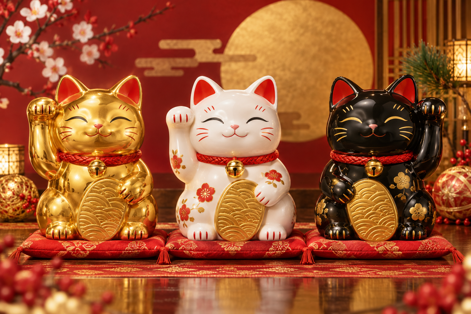 金色・白・黒の幸運の招き猫の取扱カラー例
