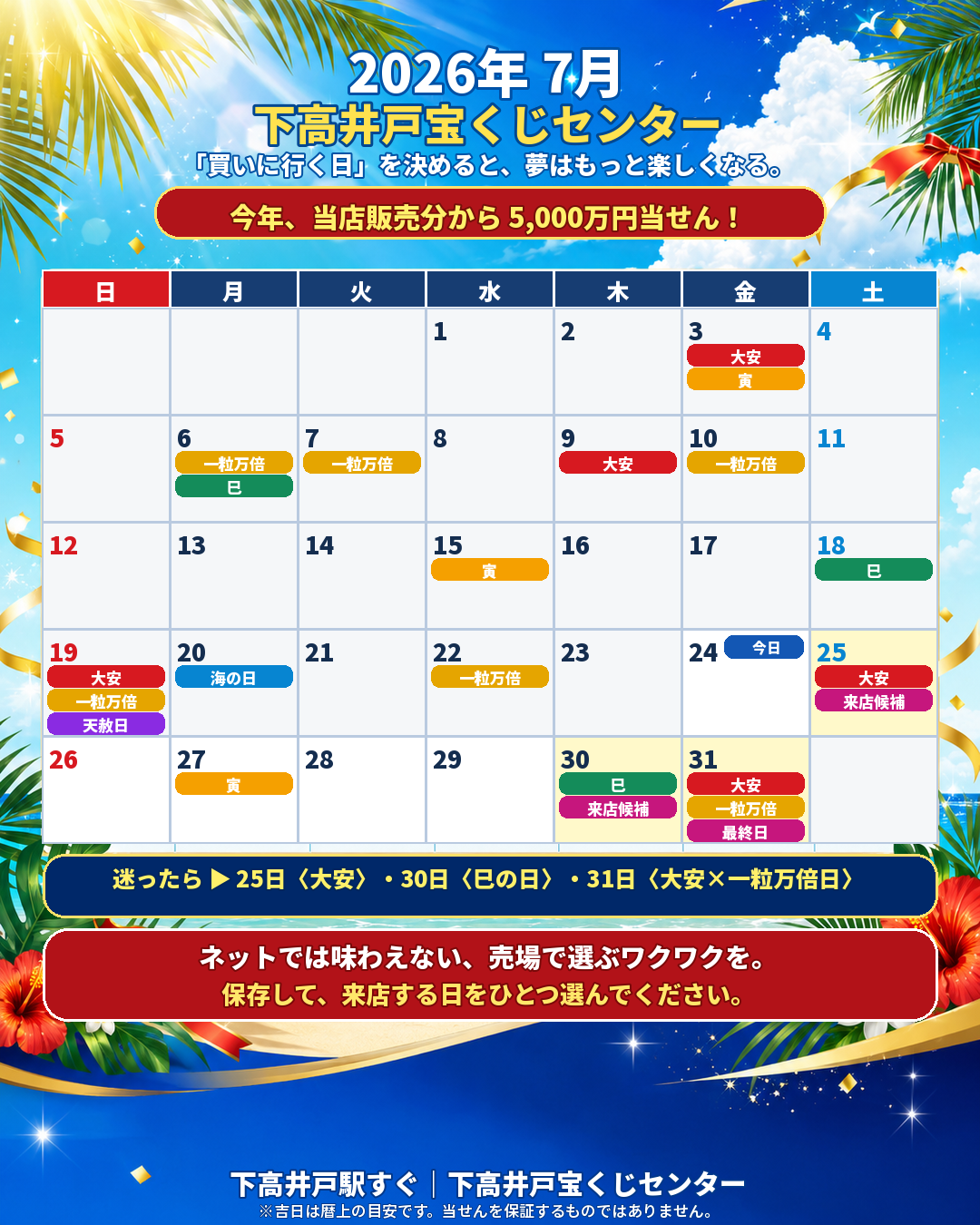下高井戸宝くじセンターの開運日カレンダーポスター
