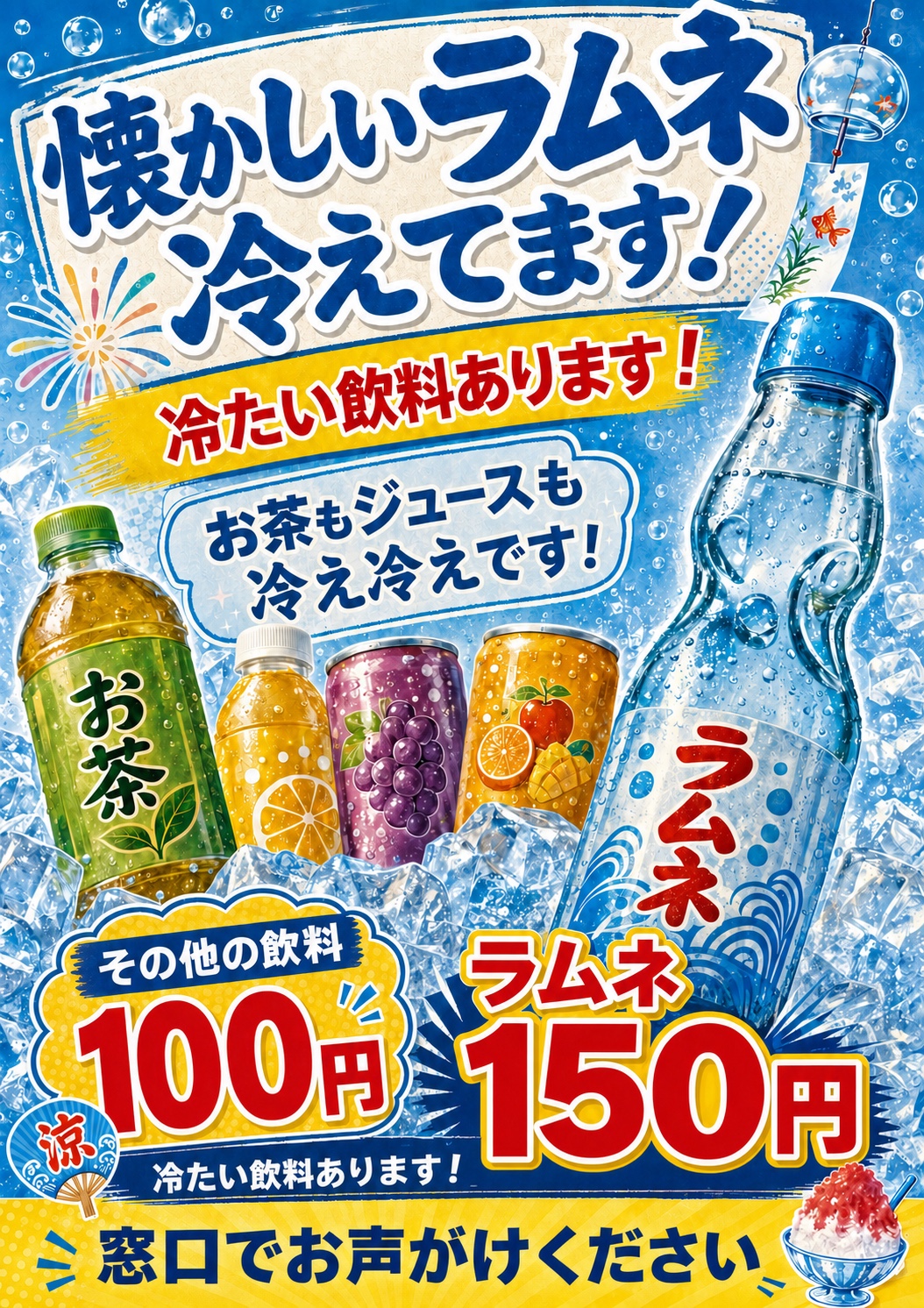 冷えたラムネと100円飲料を紹介するポスター
