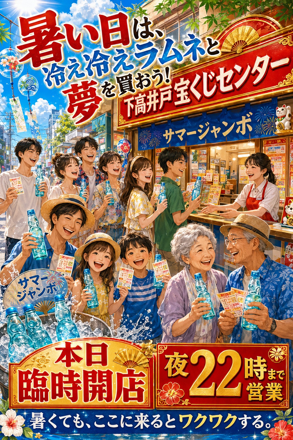 冷えたラムネと夏の臨時夜間営業を知らせるポスター