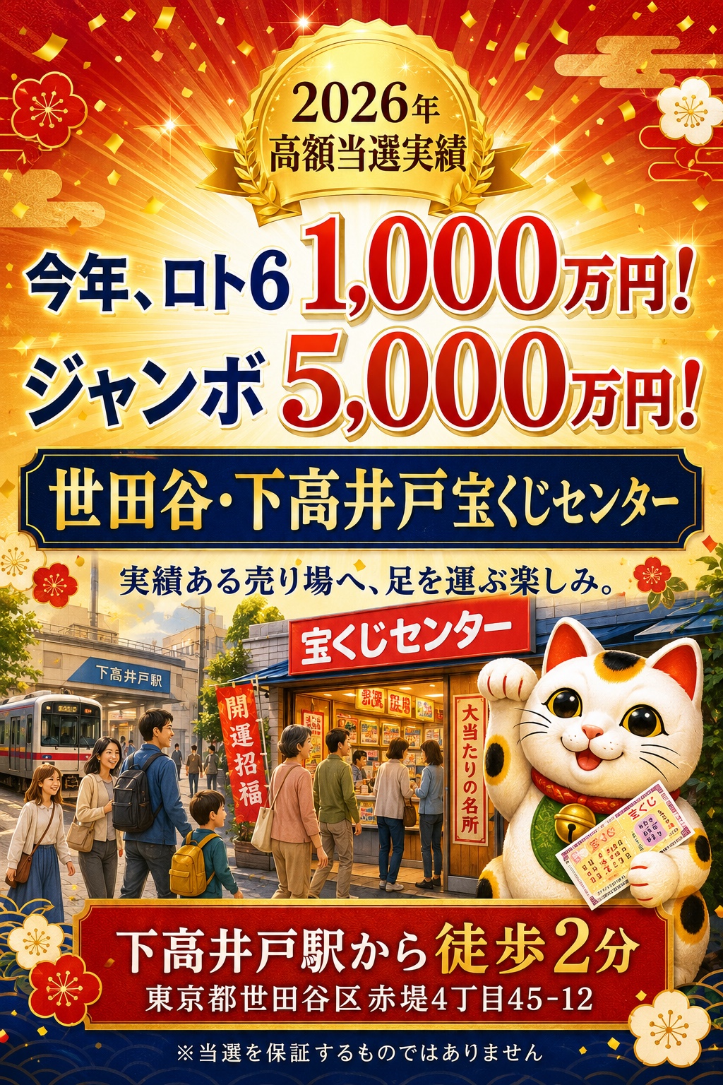 2026年のロト6とジャンボ高額当選実績を伝えるポスター