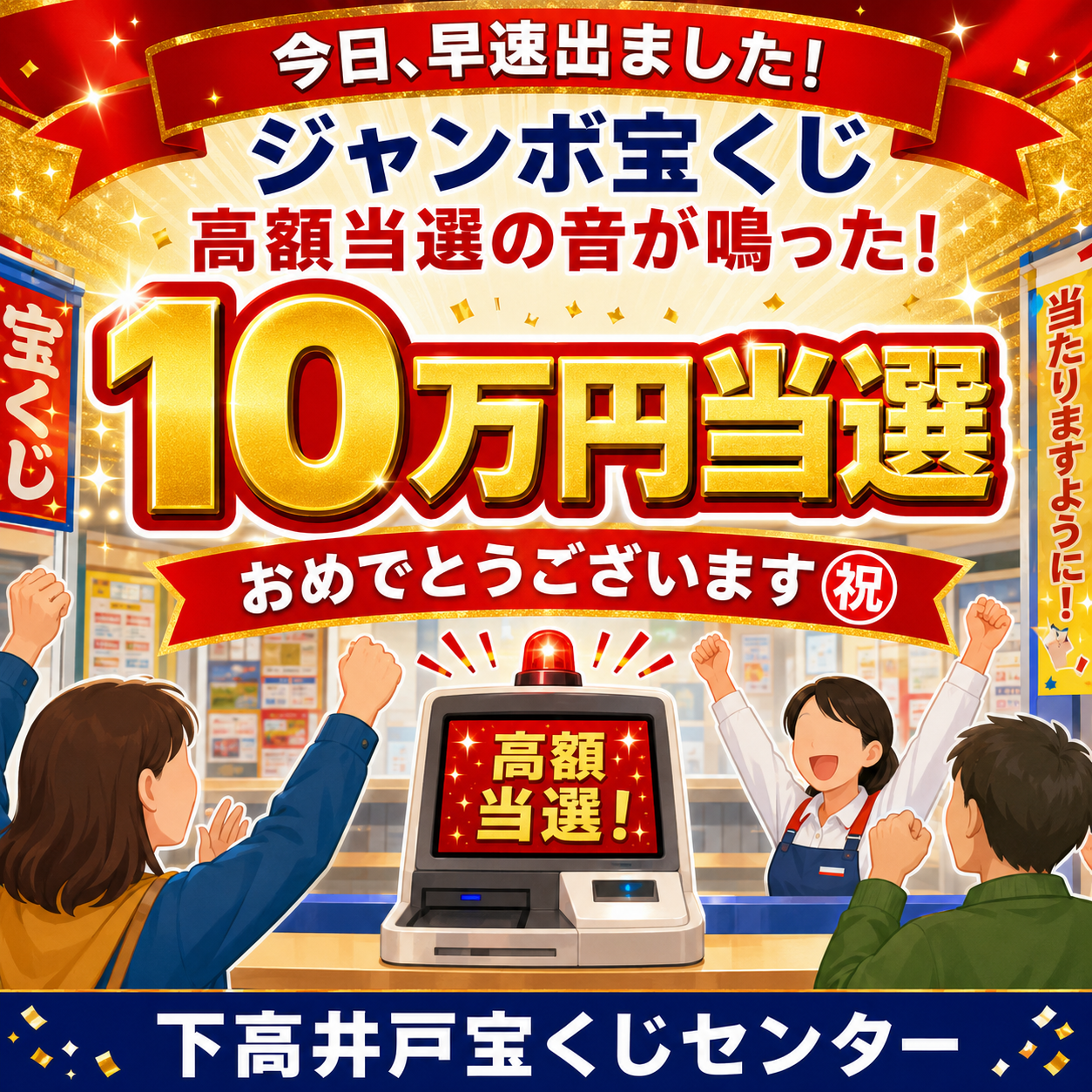 下高井戸宝くじセンターで10万円の高額当せんが出たことを祝うイラスト